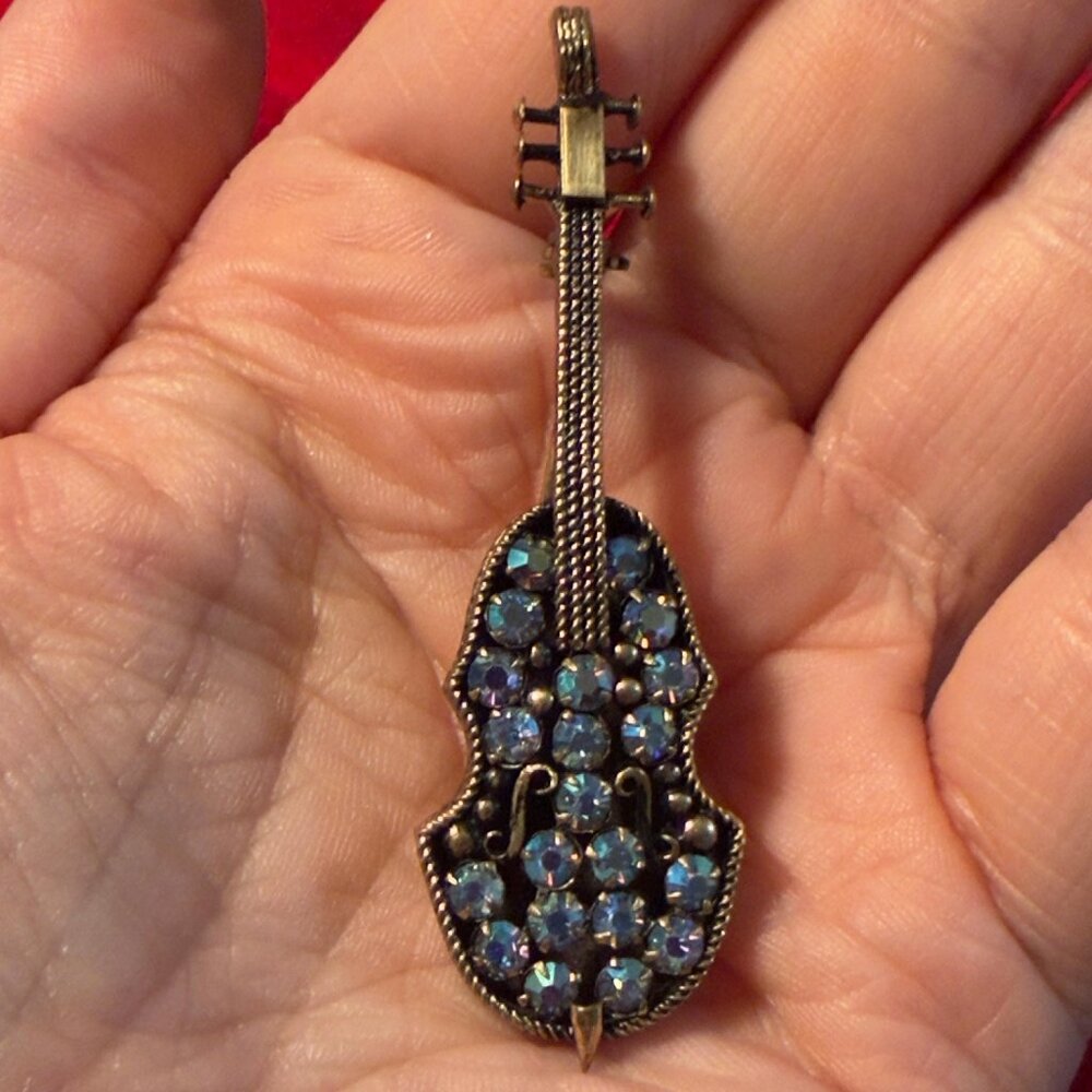 Violin Brooch Rhinestone Fiddle Instrument Pin Blue Aurora Borealis – 2.75”